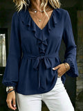 Elegant Slimming Lantern Sleeve Long Sleeve V-Neck Tie-Front Shirt
