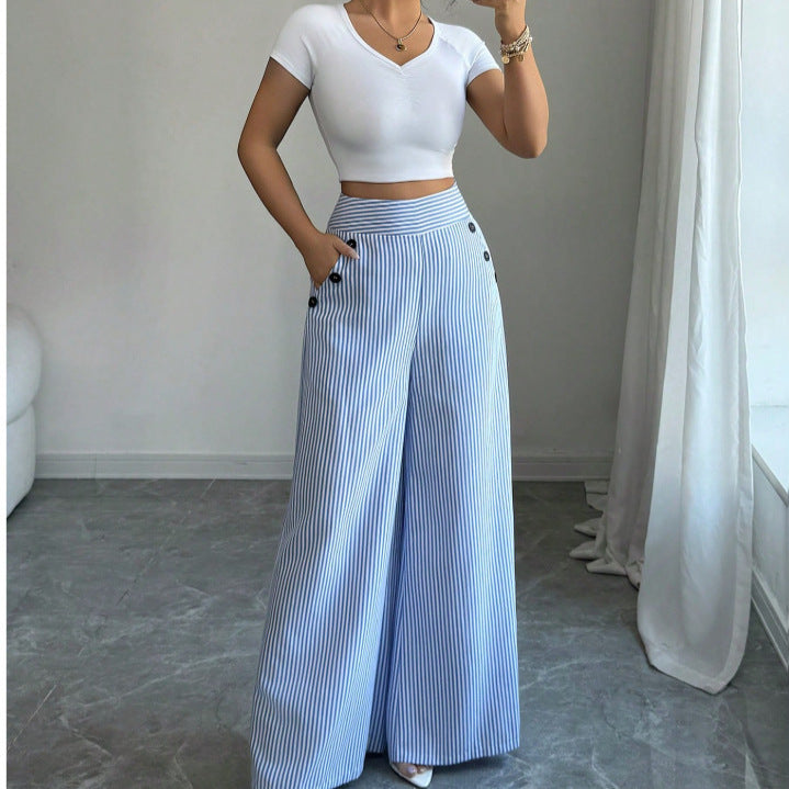 Casual High Waist Striped Drapey Wide Leg Pants + Pants