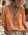 Summer Bohemian 3/4 Sleeve V-Neck Tie-Front Drawstring Shirt