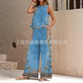 Women's Ethnic Sleeveless Slit Drapey Loose Wide Leg Pants + Tank Top 2-Piece Set 202 - 【LTA】◆1