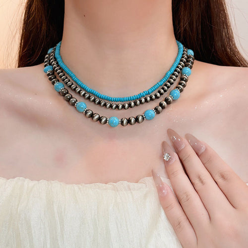 Imit. Turquoise Beaded Necklace Women Light Luxury Niche Wear Jewelry Clavicle Chain Premium French Elegant Choker Accessory