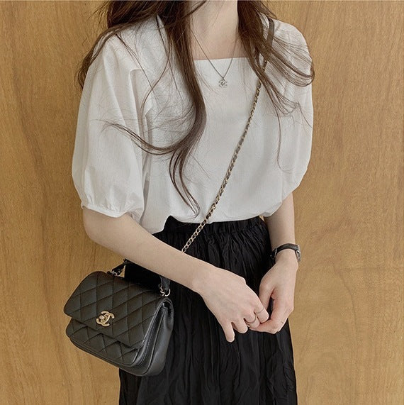 Summer French Unique Puff Sleeve Short Sleeve Square Neck Lightweight Shirt