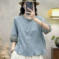 Women's Summer New Chinese Linen Cotton Embroidered Lantern Sleeve Lantern Shirt 2026 - Purple