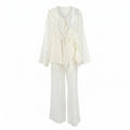 Fall Vacation Tencel V-Neck Tie-Front Ruffle Wide Leg Pants + Top 2-Piece Set