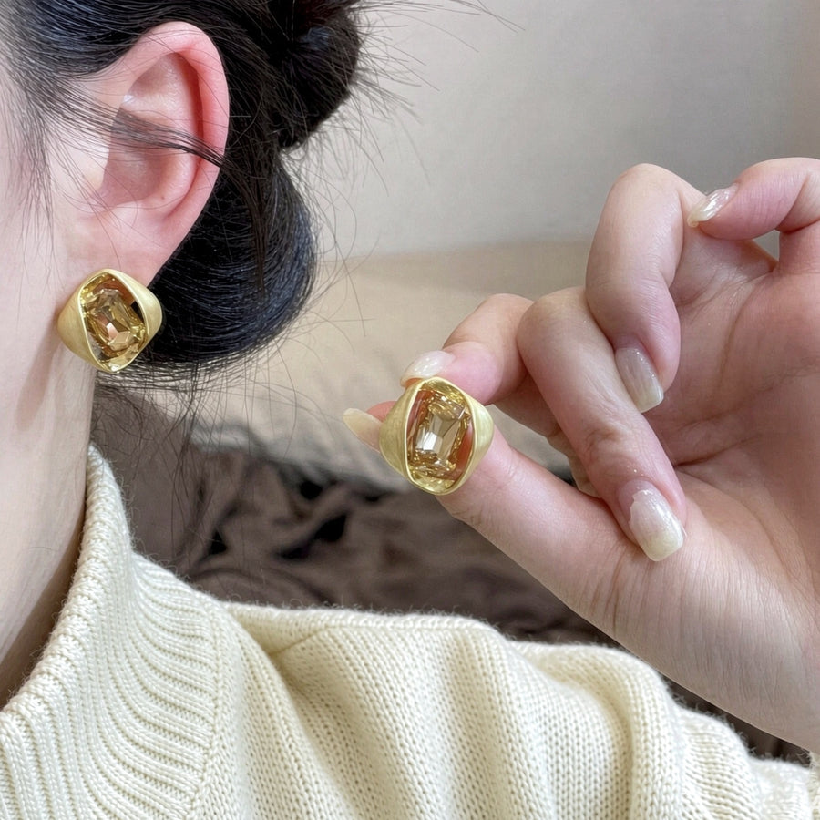 18K Gold-Plated Brushed Square Rhinestone Earrings - view 6