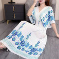 Women's Chinese French Short Sleeve V-Neck Printed Dress + Skirt 2026 - 1-1#