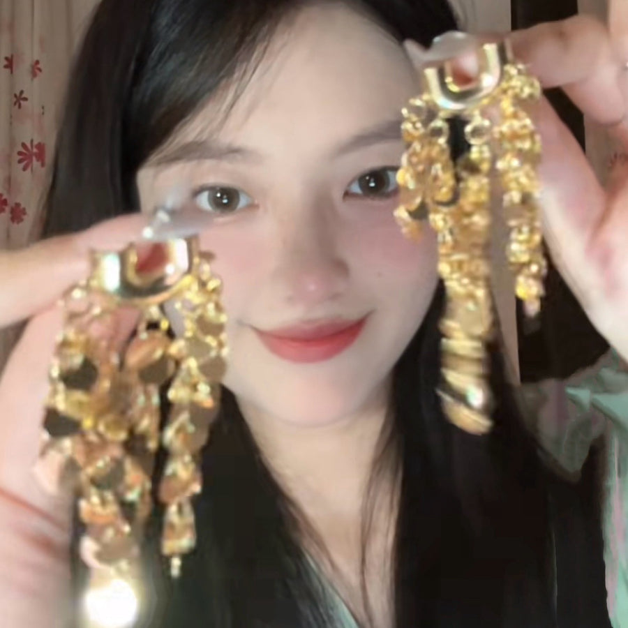 Gold Flower Geometric Tassel Earrings - view 7