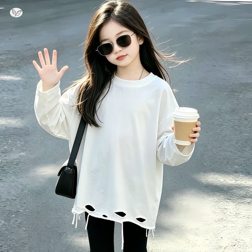 Girls' Loose Ripped Hoodie & Skinny Pants Set