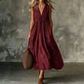 Elegant V-Neck Pocket Pleated Sleeveless Camisole Dress