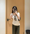 进口和纸纱 老钱风系带丝巾V领小飞袖针织衫短袖T恤小衫上衣女春