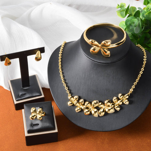Middle East Bride Wedding Jewelry Light Luxury Fashionable Blooming 3D Flower Necklace Bracelet Set Earrings Ring Set