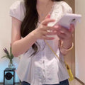 Summer Korean French Lace Short Sleeve V-Neck Lace Trim Fitted Shirt