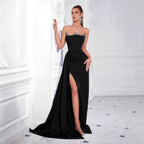 Women's Rhinestone Slit Strapless Evening Gown