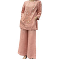 Summer Casual Fashion Linen Cotton Embroidered 3/4 Sleeve Wide Leg Pants + Pants + Top Set