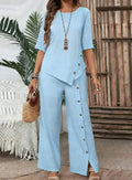 Casual Fashion Asymmetric Loose Hem Shirt + Pants 2-Piece Set