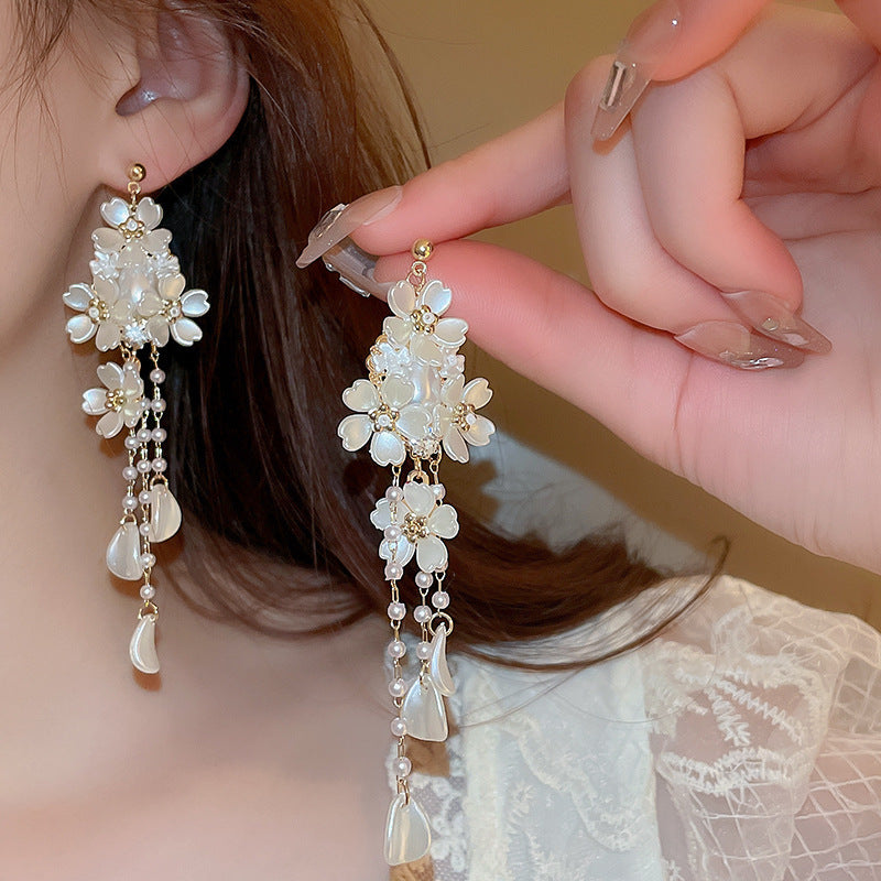 Pearl Flower Rhinestone Tassel Earrings - view 6