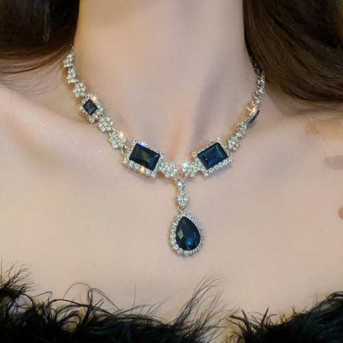 Imperial Breeze Rhinestone Geometric Square Teardrop Stud Earring Necklace Set Fashionable Clavicle Chain Light Luxury Premium Necklace Women