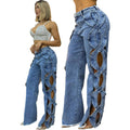 D8727 Side Hollow Denim Panel Straight Leg Pants