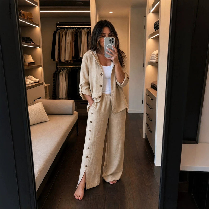 Vacation Linen Cotton Slit Loose Wide Leg Pants + Top 2-Piece Set
