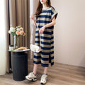Cotton Embroidered Striped T-Shirt Dress, Loose Long Dress