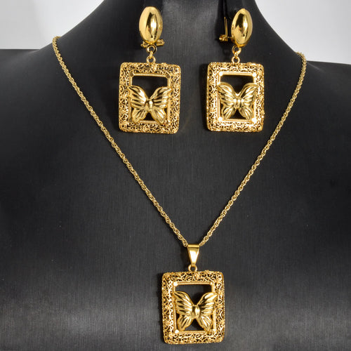 Overseas Jewelry Geometric Square Dreamy Butterfly Cutout Pendant Necklace Earrings Set 2-Piece Set Women