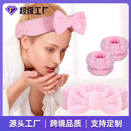 Overseas Bow Headband Hair Tie Hand Wrist Strap Magnetic Washed Face Wrist Strap Solid Plush Headband Custom Wholesale