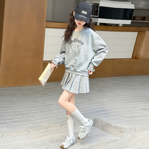 Girls' Letter Embroidery Hoodie & Pleated Skirt Set - Preppy
