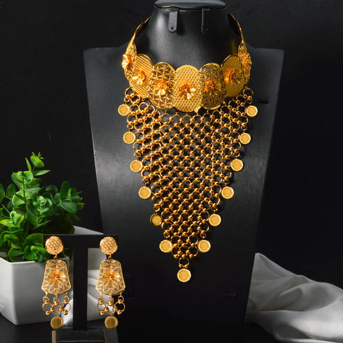 Dubai Imperial Breeze Gold Round Bead Fringe Flower Retro Light Luxury Niche Design Statement Necklace Earrings Set