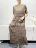 Pleated Fringe Short Sleeve Long Dress, Light Luxury Casual