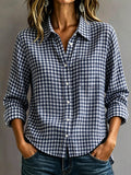 Spring-Summer Casual Long Sleeve Lapel Collar Plaid Loose Shirt