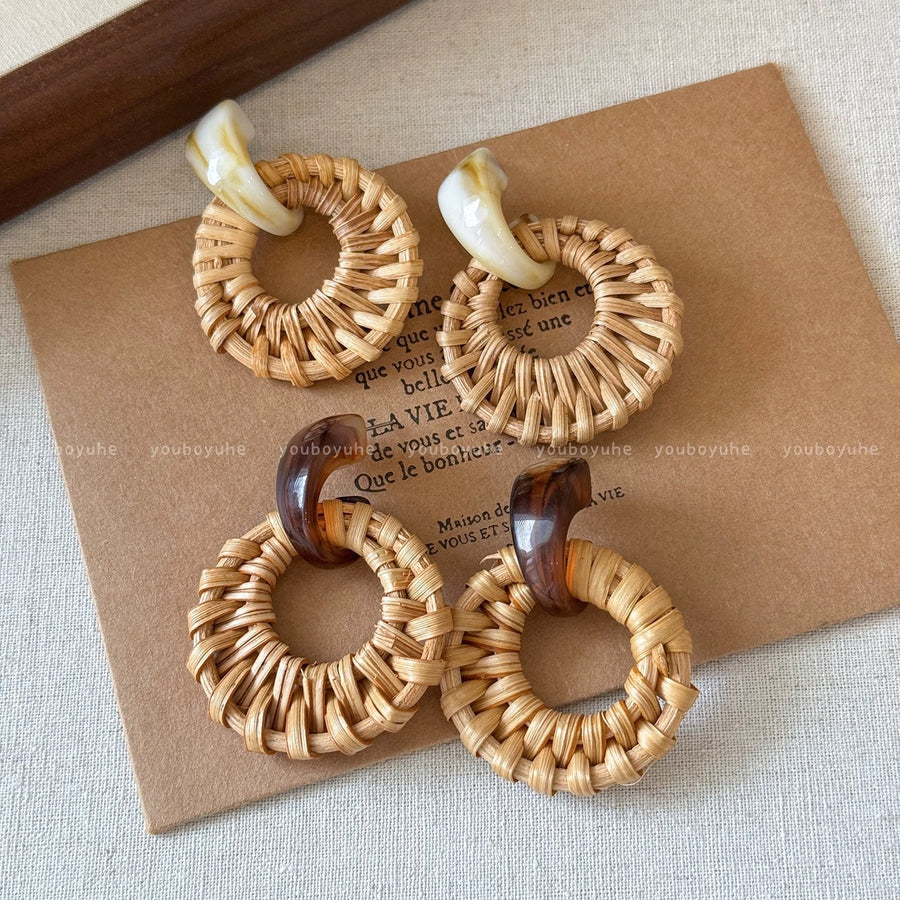 Bohemian Woven Straw Statement Earrings - view 4