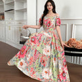 Rayon Floral Off-Shoulder Elastic Waist Bohemian Beach Dress