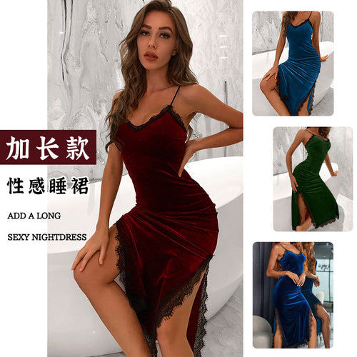 菲韵跨境外贸性感深v睡衣女长款吊带睡裙丝绒蕾丝诱惑露背家居137