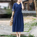 Ethnic Style Embroidered Cotton Jacquard Mid-Length Dress, Fitted Slimming