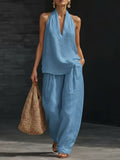 Summer Old Money Relaxed Linen Short Sleeve V-Neck Loose Wide Leg Pants + Top 2-Piece Set