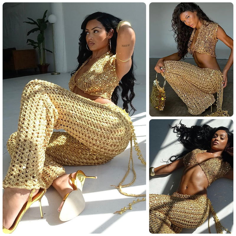 2026 Sequin Halter Hollow-Out Knit Crop Top + High Waist Straight Leg Pants Set