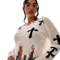 Cross Pendant Distressed Fringe Knit Pullover Sweater, Dark Style