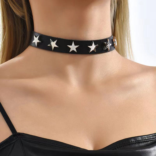 Western New Rock Punk Fashionable Clean Five-Point Star Black PU Leather Personality Clean Women Neck Necklace