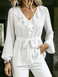 Elegant Slimming Lantern Sleeve Long Sleeve V-Neck Tie-Front Shirt