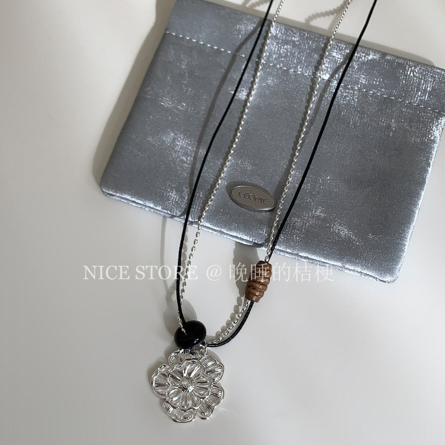 Korean Layered Leather Wood Flower Necklace - view 4