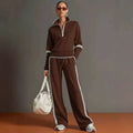Sporty Casual Stand Collar Color-Block Wide Leg Pants + Hoodie 2-Piece Set