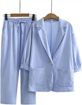 Fall Casual Fashion Linen Cotton Loose Blazer + Pants + Top 2-Piece Set