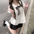 Summer Korean School Puff Sleeve Short Sleeve Peter Pan Collar Polka Dot Shirt
