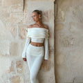 Fall Intellectual Minimal Long Sleeve Off-Shoulder Boat Neck Crop Long Skirt + Top 2-Piece Set