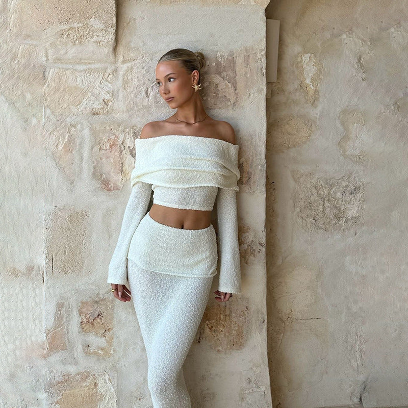 Fall Intellectual Minimal Long Sleeve Off-Shoulder Boat Neck Crop Long Skirt + Top 2-Piece Set