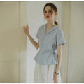 Summer Office French Short Sleeve Sailor Collar Striped Shirt