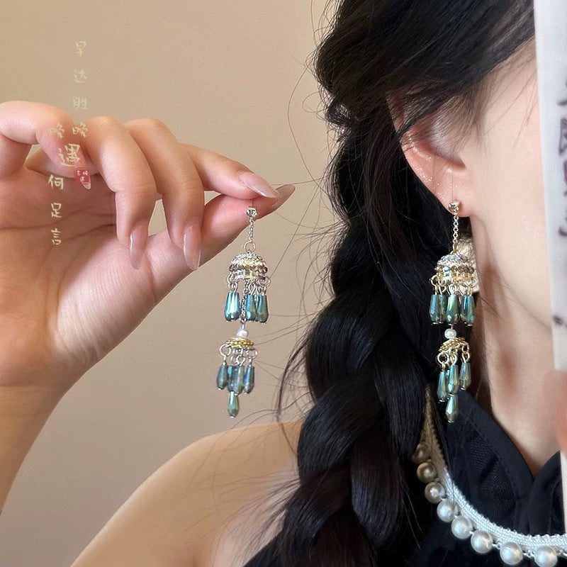 Chinese-Style Glass Bead Tassel Earrings - view 7