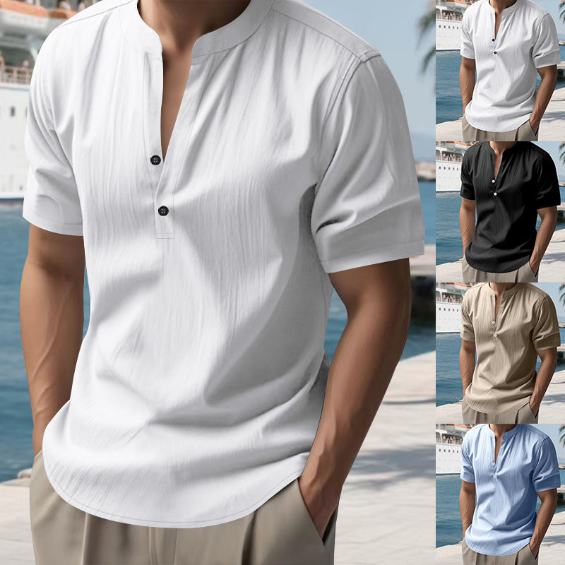 summer european and american foreign trade men's casual loose shirts men's trendy stand-up collar li