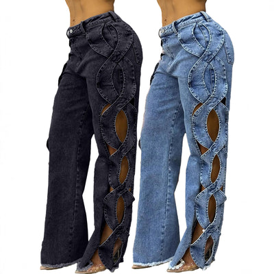 D8727 Side Hollow Denim Panel Straight Leg Pants