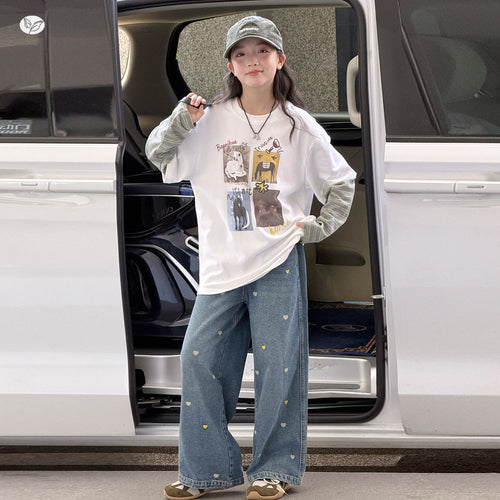 Girls' Animal Print Faux Layered Tee & Embroidered Jeans Set
